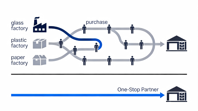 Comparison chart of fragmented packaging supplier flow vs consolidated one-stop sourcing